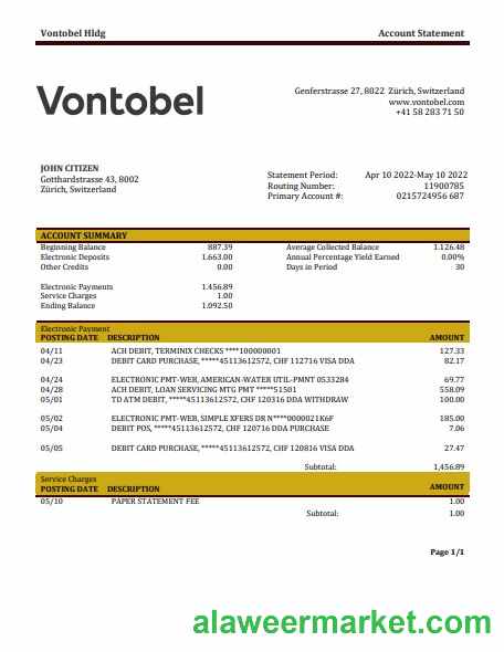 Switzerland Vontobel bank statement